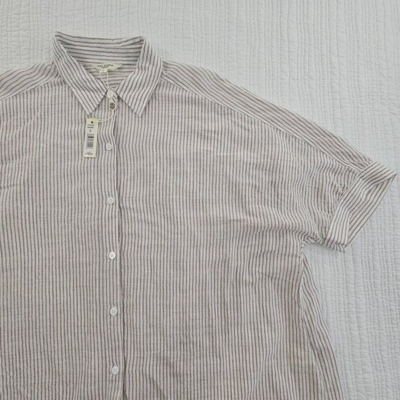 NEW Max Studio London Button Up Shirt Women's L Tan White Short Sleeve MSRP $138 - Picture 5 of 15